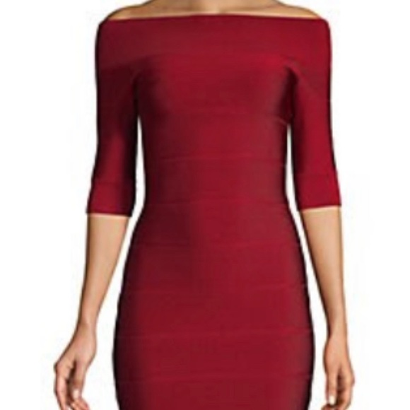BRAND NEW (TAG REMOVED) HERVE LEGER OFF-SHOULDER FLARE DRESS IN CRANBERRY - Picture 2 of 7